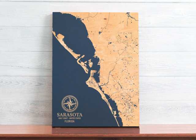 Sarasota, Florida Map - Engraved Wood Coastal Art Sign, Beach House Home Decor Wall Hanging Nautical Print, Unique Personalized Family Gift - image 1