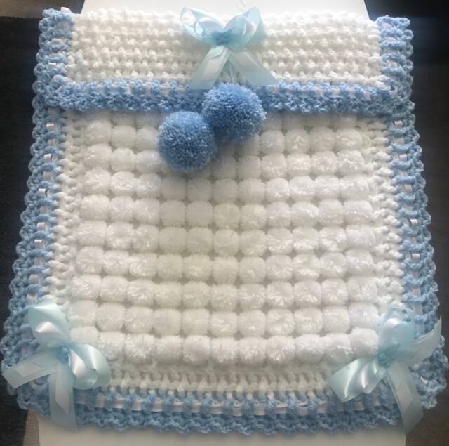 Beautiful White & Blue Baby Pom Blanket - image 1