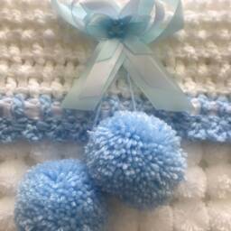 Beautiful White & Blue Baby Pom Blanket - thumbnail 2