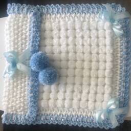 Beautiful White & Blue Baby Pom Blanket - thumbnail 3