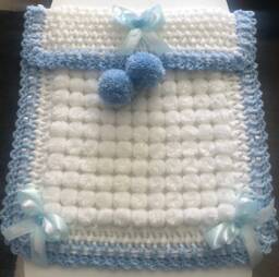Beautiful White & Blue Baby Pom Blanket