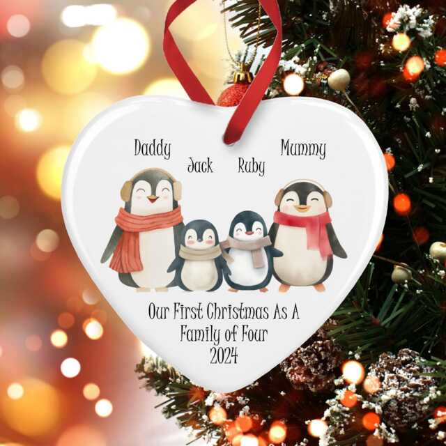 First Christmas As A Family Of Four Heart Bauble - Ceramic Penguins 1st Xmas 4 Ornament Personalised With Any Names - image 1