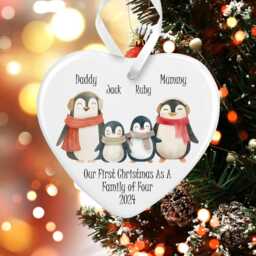 First Christmas As A Family Of Four Heart Bauble - Ceramic Penguins 1st Xmas 4 Ornament Personalised With Any Names - thumbnail 3
