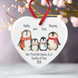 First Christmas As A Family Of Four Heart Bauble - Ceramic Penguins 1st Xmas 4 Ornament Personalised With Any Names - thumbnail 2