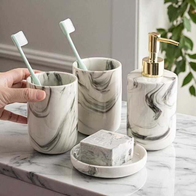 Marble Effect 4-Piece Bathroom Set Soap Dispenser, Toothbrush Holder & More - image 1
