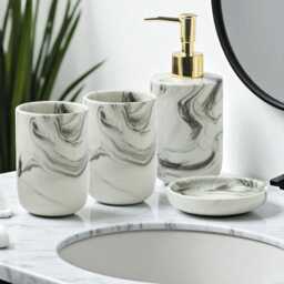 Marble Effect 4-Piece Bathroom Set Soap Dispenser, Toothbrush Holder & More - thumbnail 3