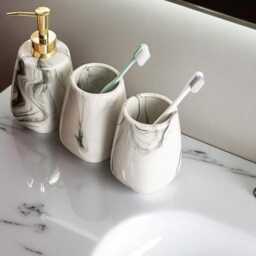 Marble Effect 4-Piece Bathroom Set Soap Dispenser, Toothbrush Holder & More - thumbnail 2