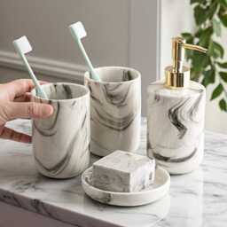 Marble Effect 4-Piece Bathroom Set Soap Dispenser, Toothbrush Holder & More - thumbnail 1