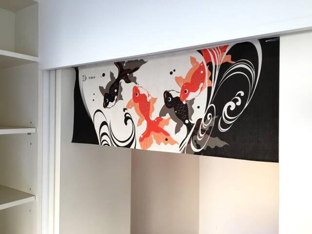 Gold Fish Japanese Tenugui Handmade Noren Curtain, Tapestry Fabric Kingyo in A Pond, Wall Decoration - image 1
