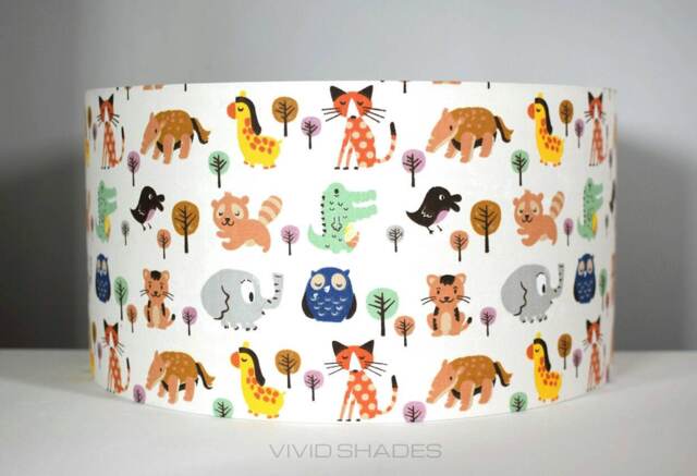 Scandi Animals Lampshade Fox Elephant Owl Pattern For Kids Or Nursery, Ceiling Lamp Base, Made By Vivid Shades - image 1