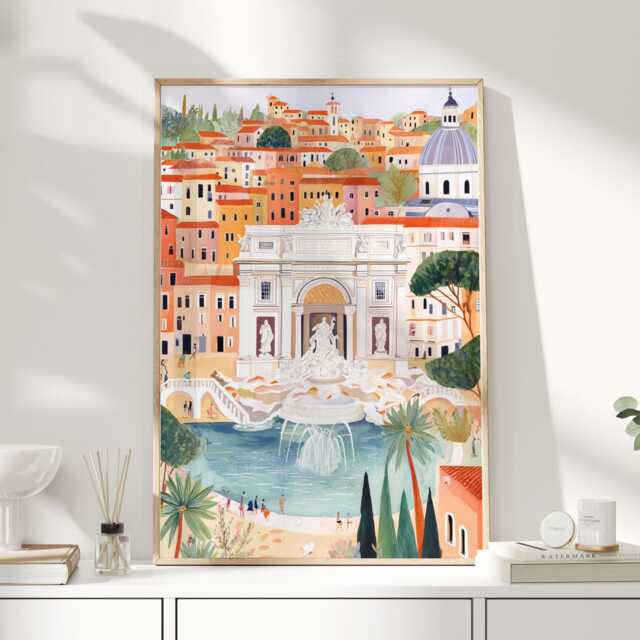 Trevi Fountain Print - Illustrated Rome Wall Art Italian Travel Poster For Kitchen, Living Room Or Gallery - image 1