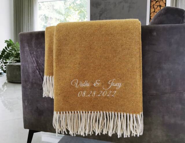 Personalised Gift Wool Blanket Mustard Yellow, Merino Plaid, Large Sofa Throw For A Couple, Cosy Mom, Girlfriend, Sister, Wife - image 1