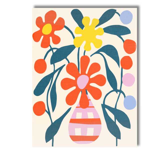 Retro Floral Arrangement With Berries & Striped Pink Vase Canvas Wall Art Print Decor Picture Ready To Hang - image 1