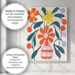 Retro Floral Arrangement With Berries & Striped Pink Vase Canvas Wall Art Print Decor Picture Ready To Hang - thumbnail 3