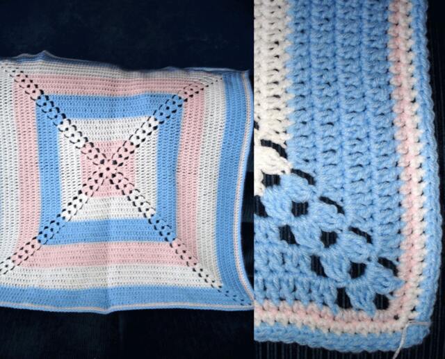 "New Handmade Crocheted ""Bear Set"" Baby Blanket/Afghan in Pink, Blue, & White - 36"