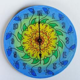 Sunflower Mandala Wall Clock - Hand Painted Geometric Home Decor On Recycled Vinyl Record - thumbnail 2