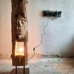 Wabi Sabi Floor Sculpture, Large Wooden Statue, Industrial Face Modern Wood Carving Reclaimed Contemporary Art - thumbnail 1
