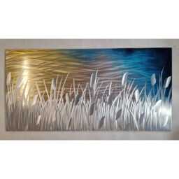 Modern, Abstract, Metal Wall Art, 3D Effect, By R Toomer Art. Titled By The Lake. Indoor/Outdoor. Silver, Copper, Teal, Gold & Navy - thumbnail 3