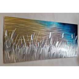 Modern, Abstract, Metal Wall Art, 3D Effect, By R Toomer Art. Titled By The Lake. Indoor/Outdoor. Silver, Copper, Teal, Gold & Navy - thumbnail 1