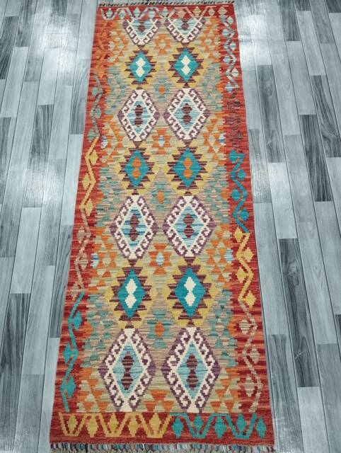 Tribal Runner Rug, Handmade Artisan Afghan Turkish Scandinavian Navajo Bohemian Flatweave Wool Kilim Rug 243x89 cm - image 1
