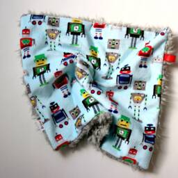 Dream Lovie. Security Blanket. Personalized Lovey. Faux Fur Robots Blue. Mini Baby Minky Shower Gift - thumbnail 2