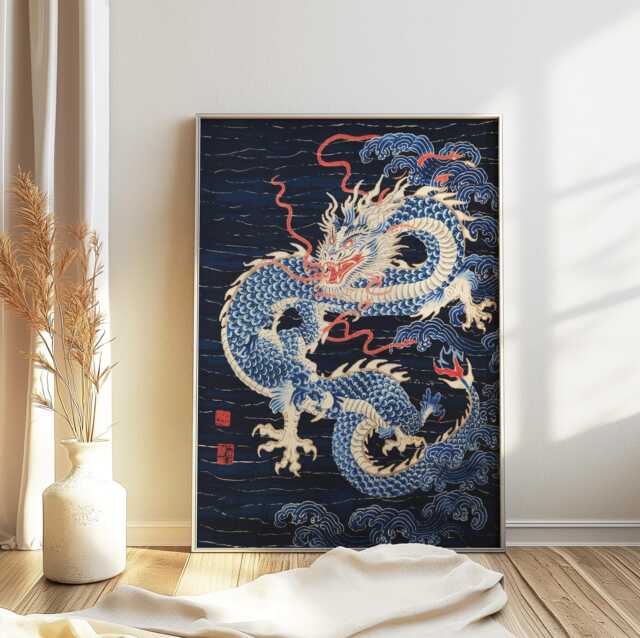 Chinese Dragon Wall Art, Poster, Print, Feng Shui Decor, Asian Oriental Floral Gift - image 1