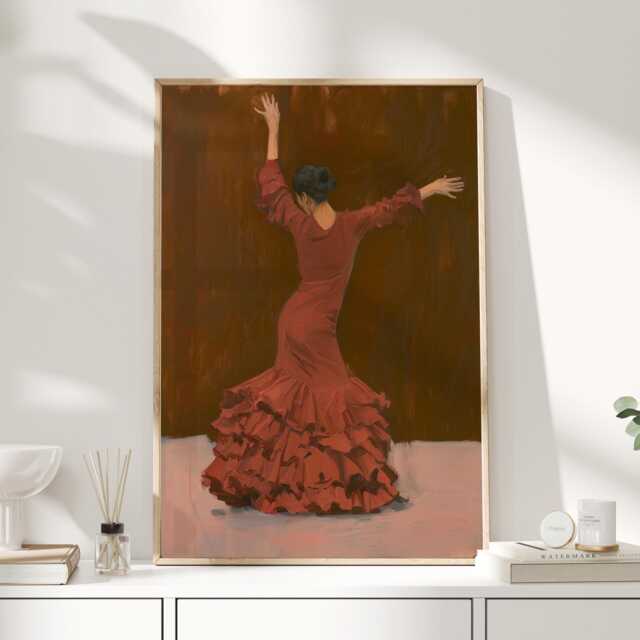 Flamenco Dancer Art Print - Spanish Dance Wall Terracotta Red Dress Painting Feminine Figure - image 1