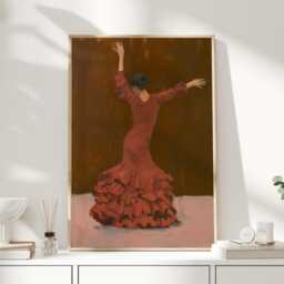 Flamenco Dancer Art Print - Spanish Dance Wall Terracotta Red Dress Painting Feminine Figure - thumbnail 1