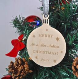 Personalised Wooden Mr & Mrs Christmas Decoration, Hanging Bauble - thumbnail 1