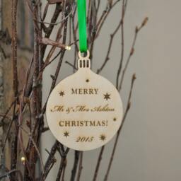 Personalised Wooden Mr & Mrs Christmas Decoration, Hanging Bauble - thumbnail 2