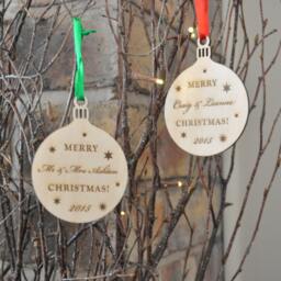 Personalised Wooden Mr & Mrs Christmas Decoration, Hanging Bauble - thumbnail 3