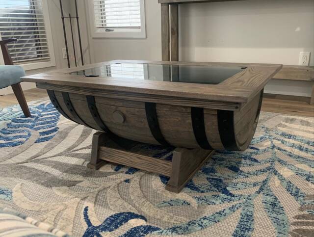 Whiskey Barrel Coffee Table With Bottle Storage - image 1