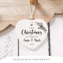 First Christmas Auntie Uncle - Tree Decoration Personalised Ceramic Bauble Heart Style3 - thumbnail 3