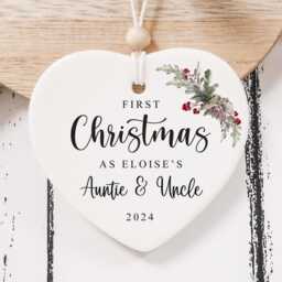 First Christmas Auntie Uncle - Tree Decoration Personalised Ceramic Bauble Heart Style3 - thumbnail 2