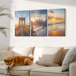 Canvas Set Of 3 Wall Art - Bridges & Sunsets in The Urban Landscape, Yellow Large Art, Travels Decor - thumbnail 1