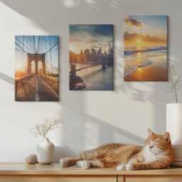 Canvas Set Of 3 Wall Art - Bridges & Sunsets in The Urban Landscape, Yellow Large Art, Travels Decor - thumbnail 3