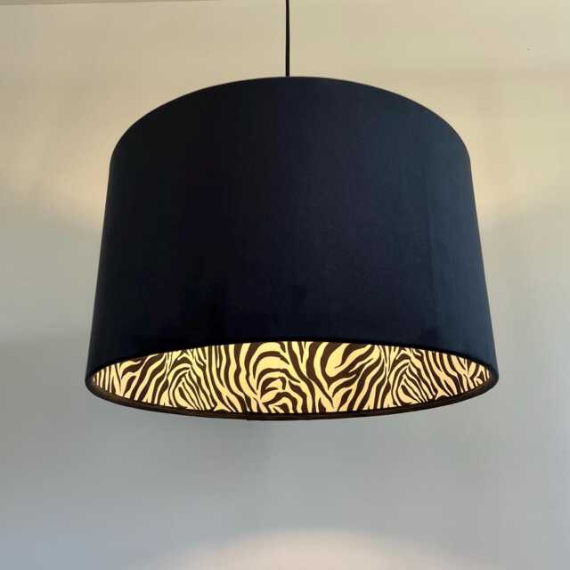 Black Velvet Drum Lampshade, Double Sided Lampshade With Zebra Print Cotton Interior, Ceiling Light Shade - image 1