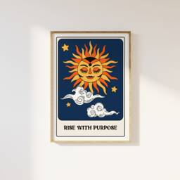 The Sun, Rise With Purpose Tarot Card Style Print - Funky Retro Home Wall Art, Fun Card, Bold Colourful Cool Quote Print, 90S Trendy - thumbnail 1