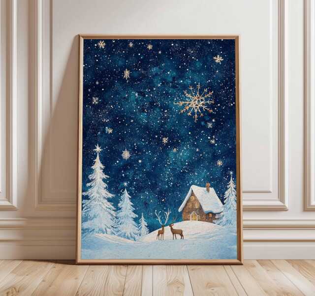 Christmas Night Poster, Minimalist Style Holiday Wall Art, Starry Sky Decor, Forest Cabin Winter Print, Festive Gift Artwork - image 1