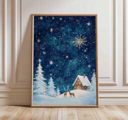 Christmas Night Poster, Minimalist Style Holiday Wall Art, Starry Sky Decor, Forest Cabin Winter Print, Festive Gift Artwork - thumbnail 1