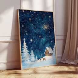 Christmas Night Poster, Minimalist Style Holiday Wall Art, Starry Sky Decor, Forest Cabin Winter Print, Festive Gift Artwork - thumbnail 2