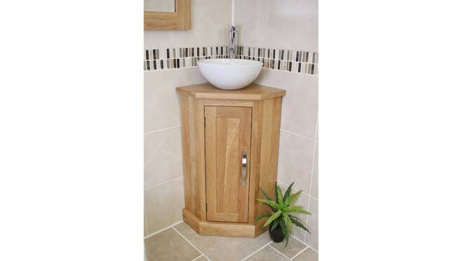 Bathroom Oak Vanity Unit - Corner Sink Cabinet Ceramic Wash Basin Tap & Plug - image 1