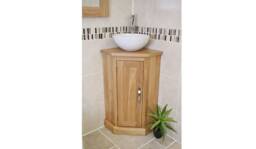 Bathroom Oak Vanity Unit - Corner Sink Cabinet Ceramic Wash Basin Tap & Plug