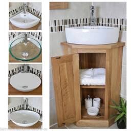 Bathroom Oak Vanity Unit - Corner Sink Cabinet Ceramic Wash Basin Tap & Plug - thumbnail 2