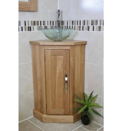 Bathroom Oak Vanity Unit - Corner Sink Cabinet Ceramic Wash Basin Tap & Plug - thumbnail 3