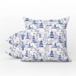 Outdoor Pillows - Weatherproof Garden Cushions Chinoiserie Blue Pagoda Asian Temple Pattern Decorative Waterproof Home Decor - thumbnail 1