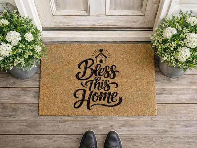 Bless This Home Doormat - Custom Script Welcome Rug Unique Christian Floor Sign - image 1