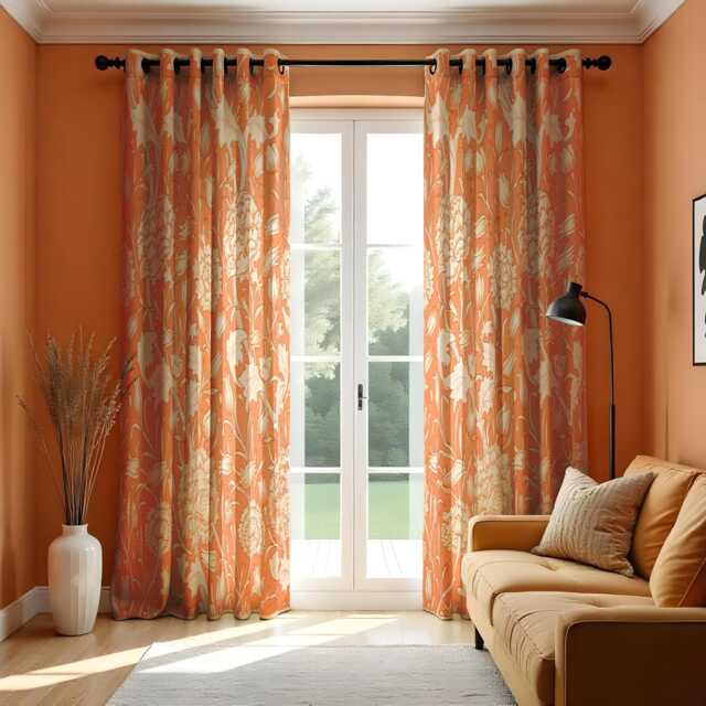 Classic Floral Eyelet Curtains, Orange & Cream Window Drapes, Botanical French Country Home Decor, Farmhouse Custom Length Panel Curtains - image 1
