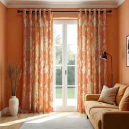 Classic Floral Eyelet Curtains, Orange & Cream Window Drapes, Botanical French Country Home Decor, Farmhouse Custom Length Panel Curtains