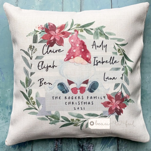 Personalised Family Christmas Santa Gnome Greenery Signpost Design Linen Style Cushion